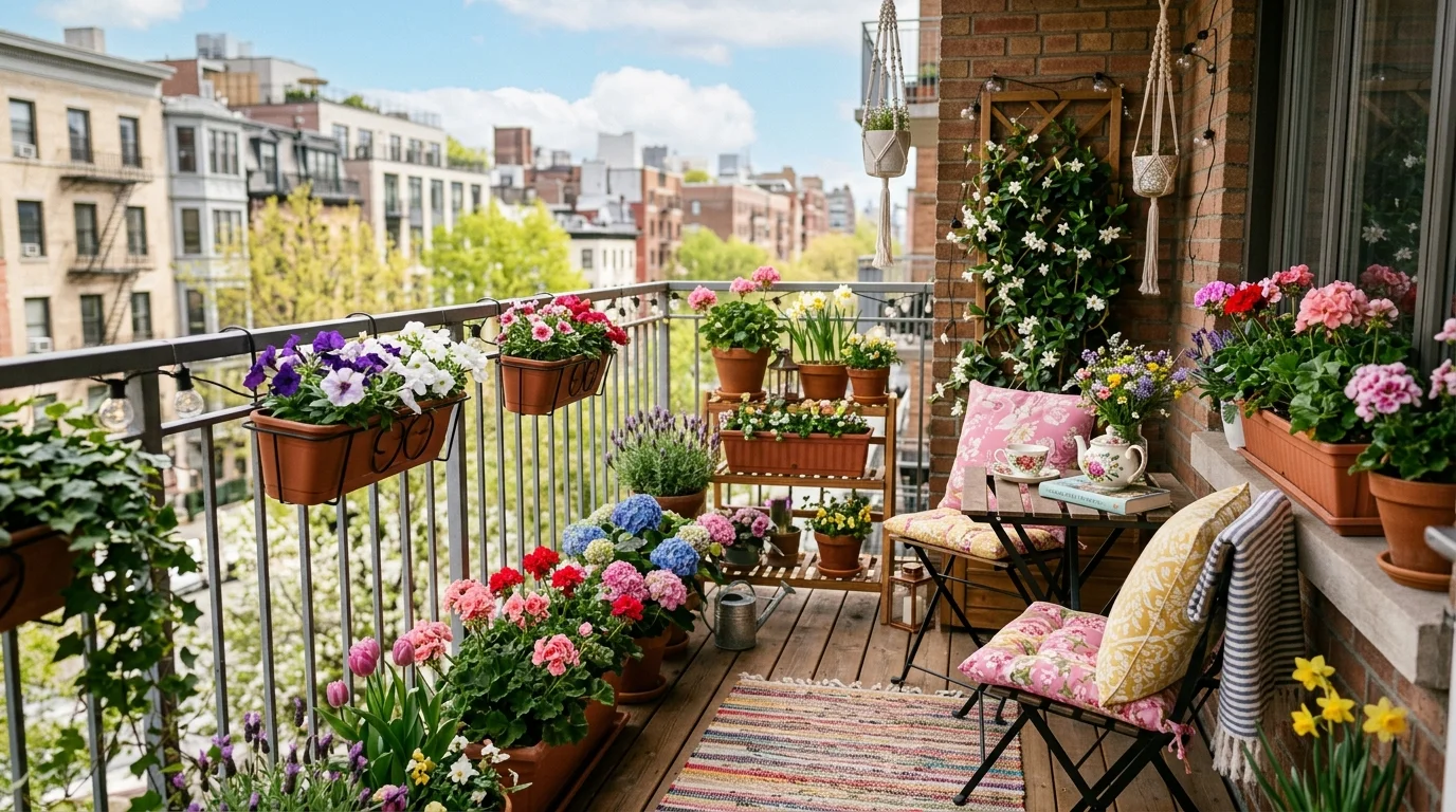 An apartment balcony styled like a spring porch with inviting details.