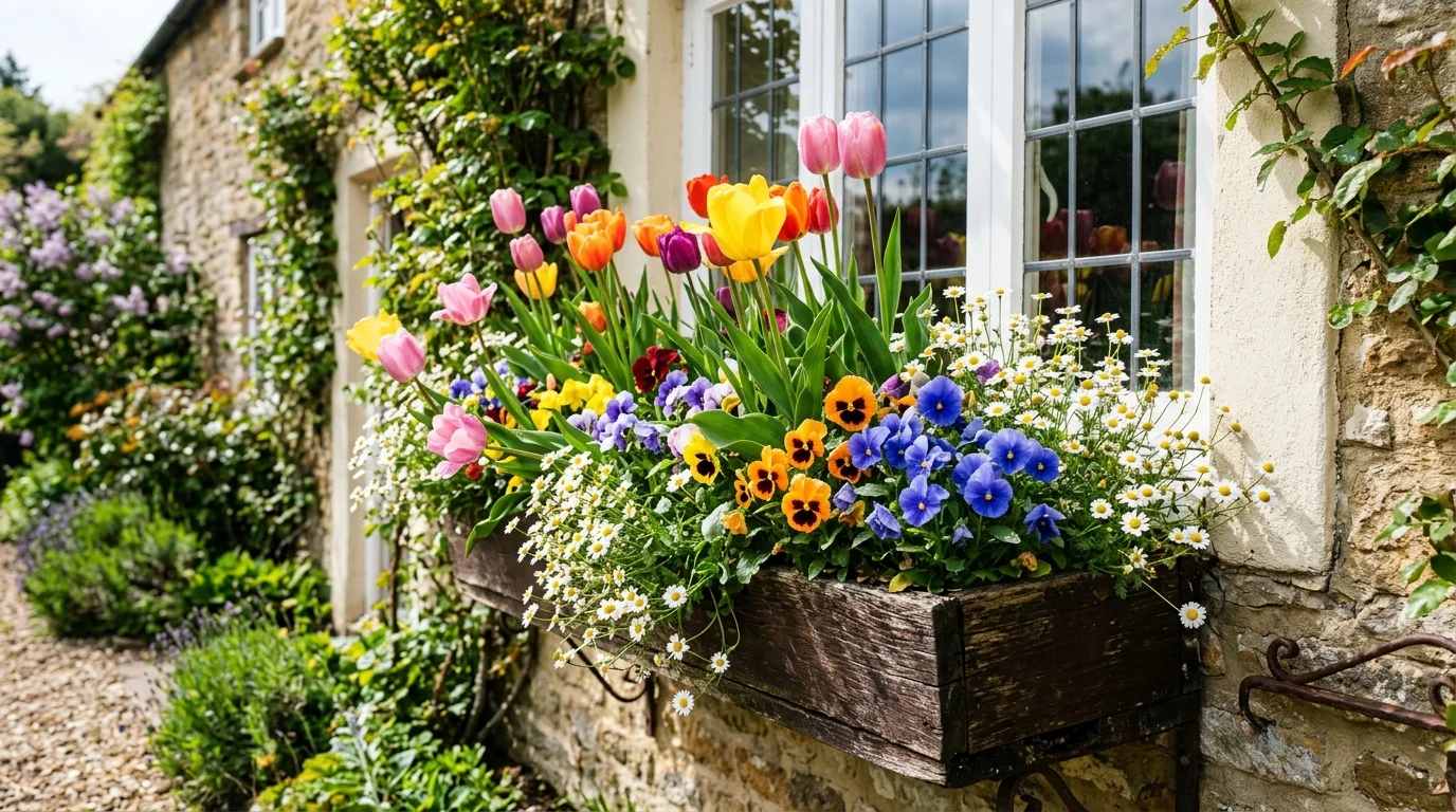 A full spring window box planted with a classic mix of seasonal flowers.