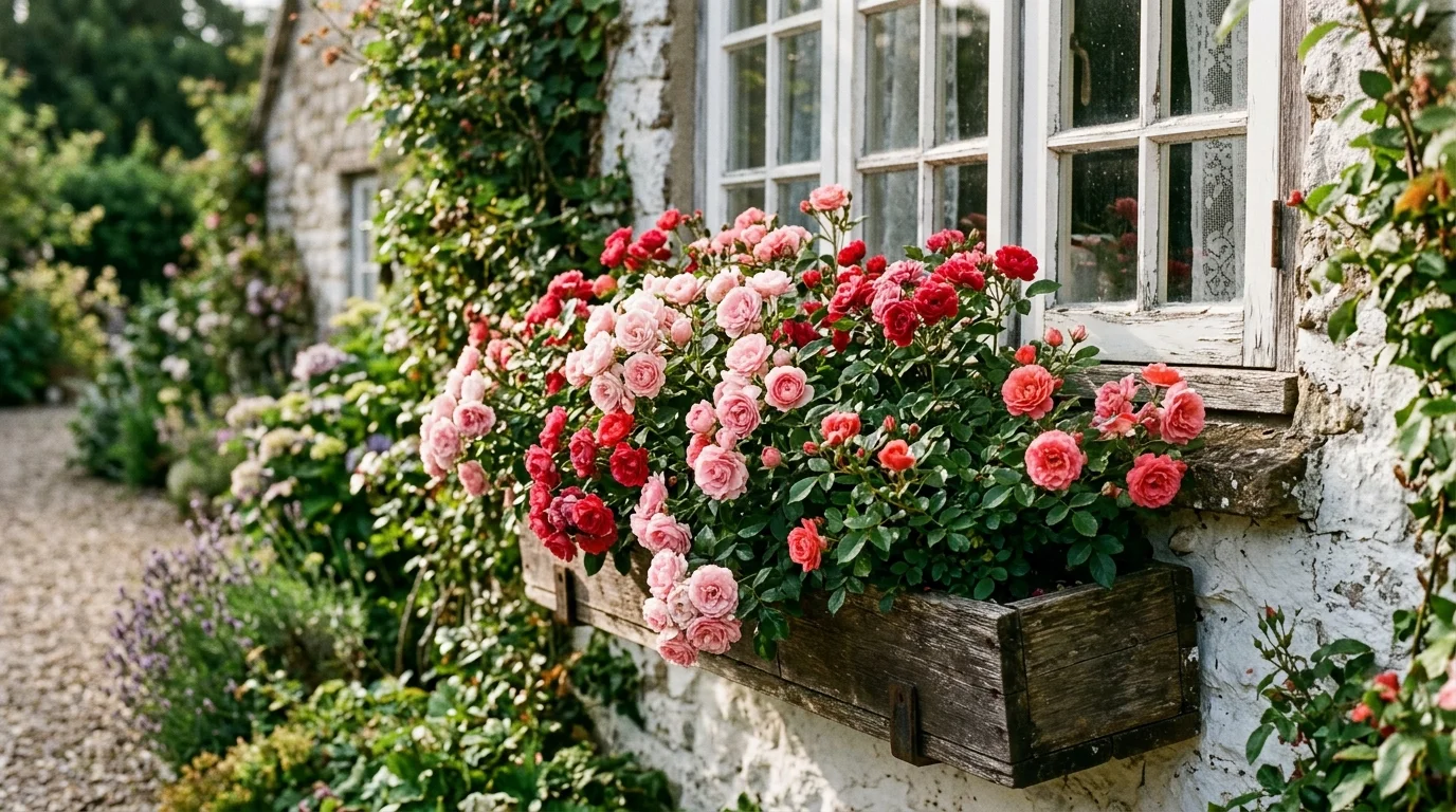 A miniature rose window box creating a decorative full spring arrangement.