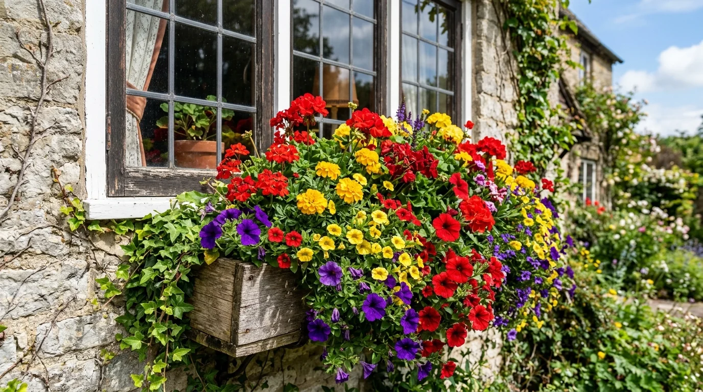 A bold color contrast window box designed for strong spring impact.