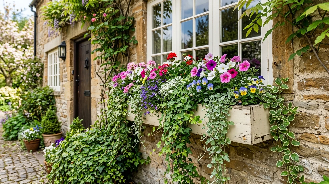 An ivy and flower combo window box creating instant softness and fullness.