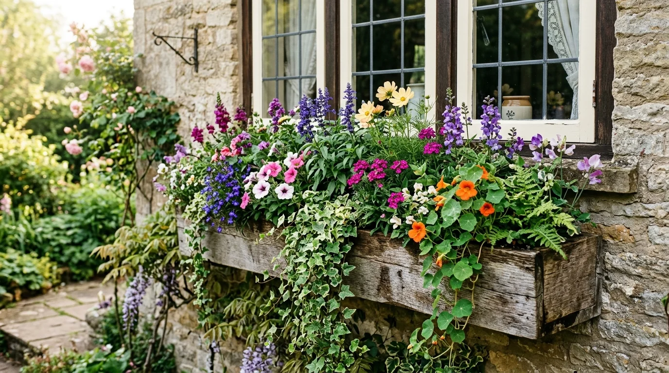 A cottage-style full window box overflowing with spring planting.