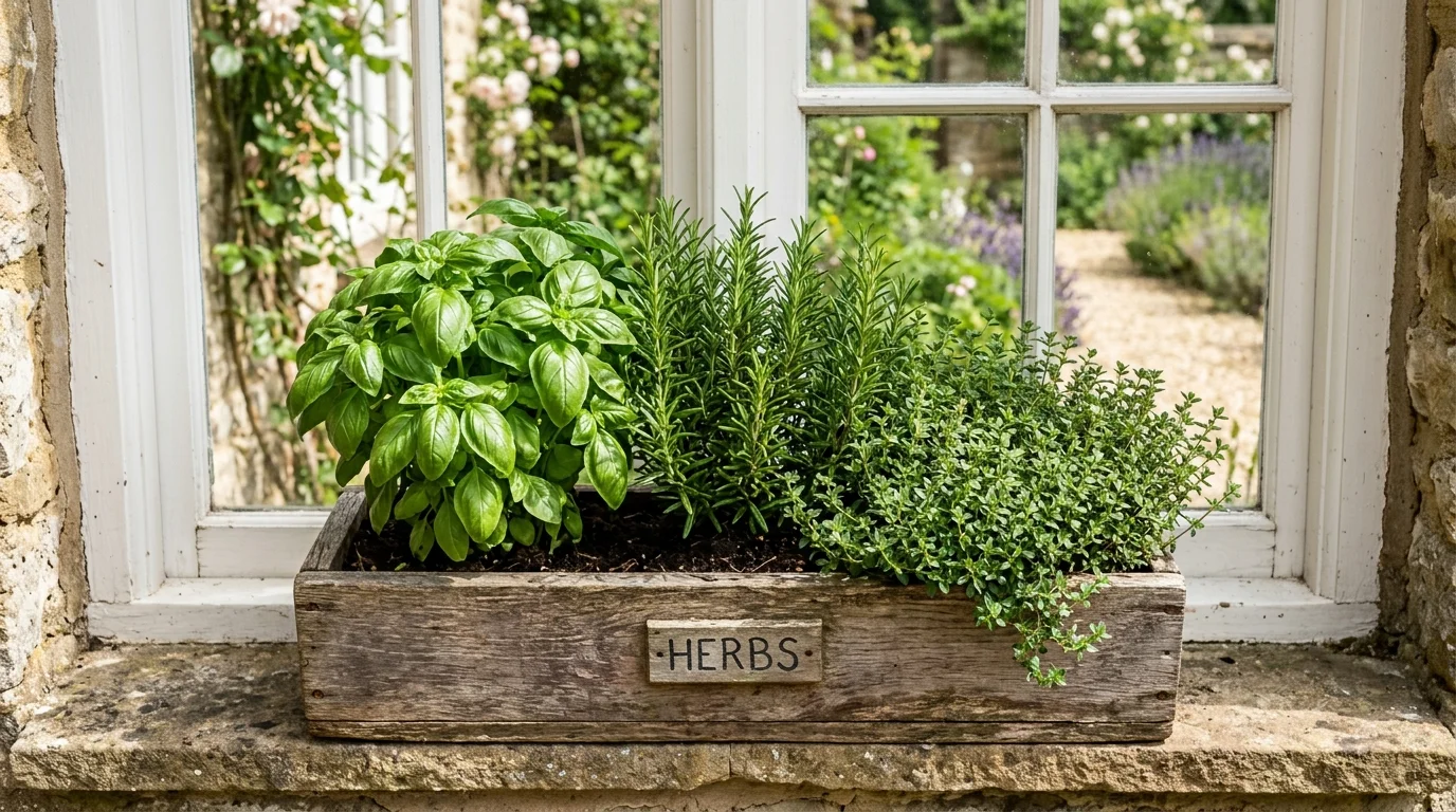 A herb garden window box adding texture and greenery to a spring display.