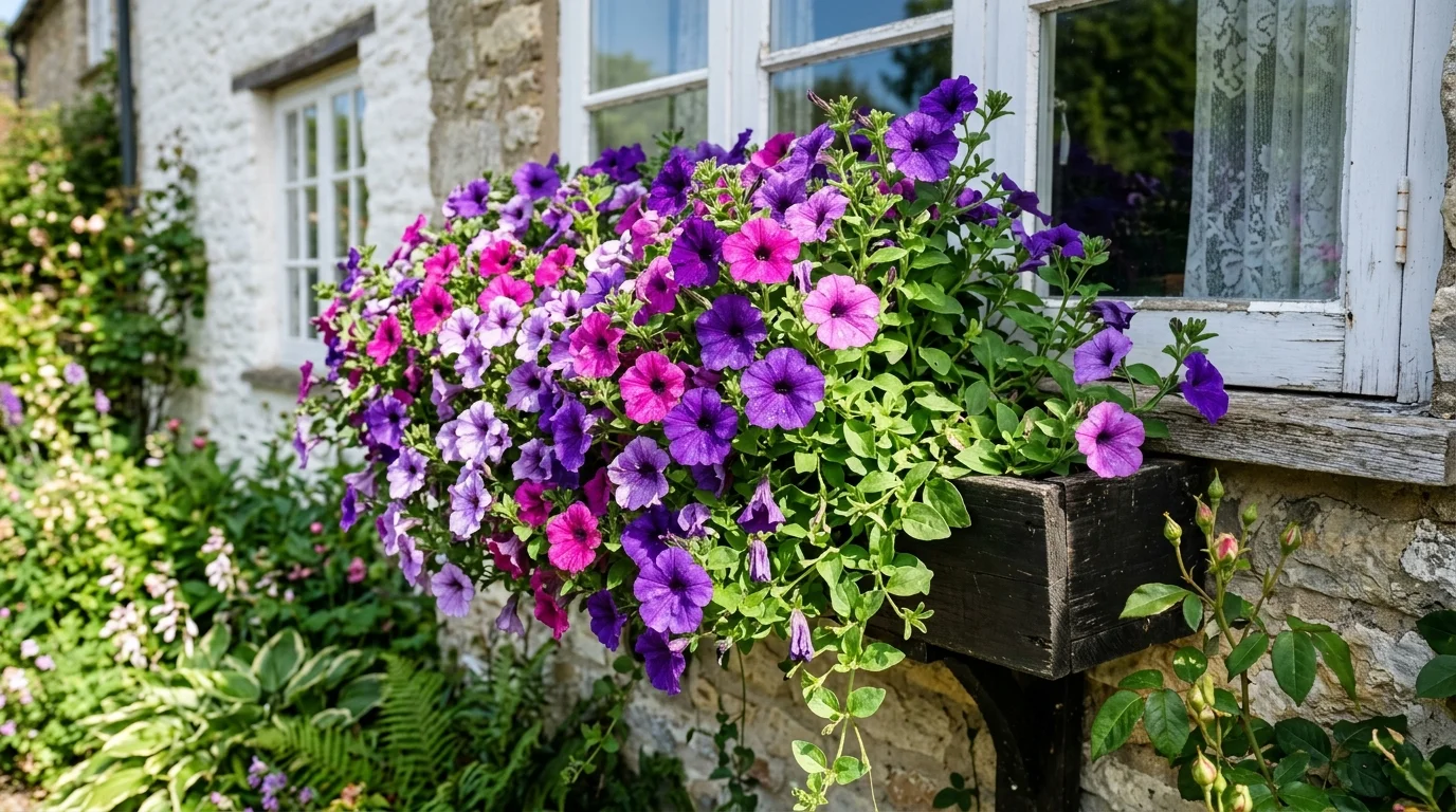Cascading petunias filling a spring window box with instant volume.
