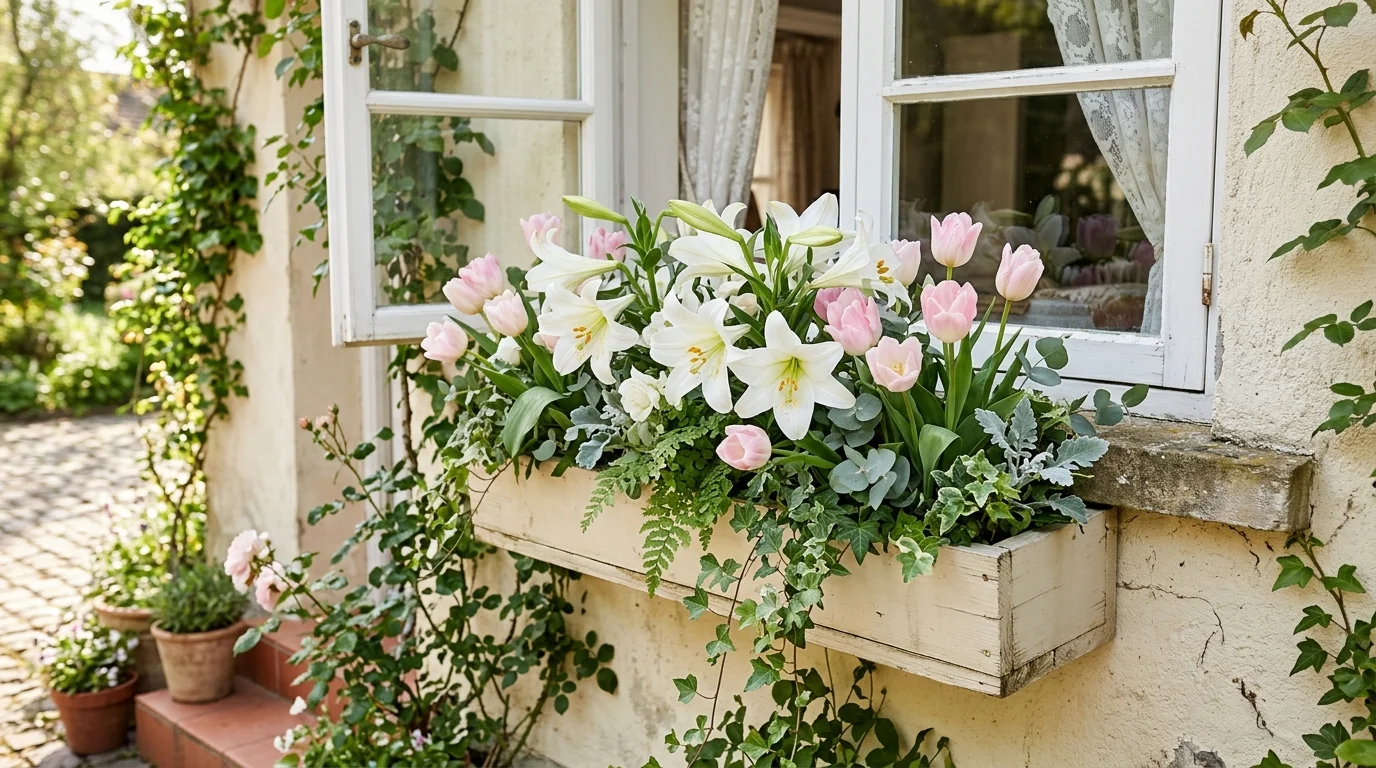 A white and pastel spring window box with a soft full arrangement.