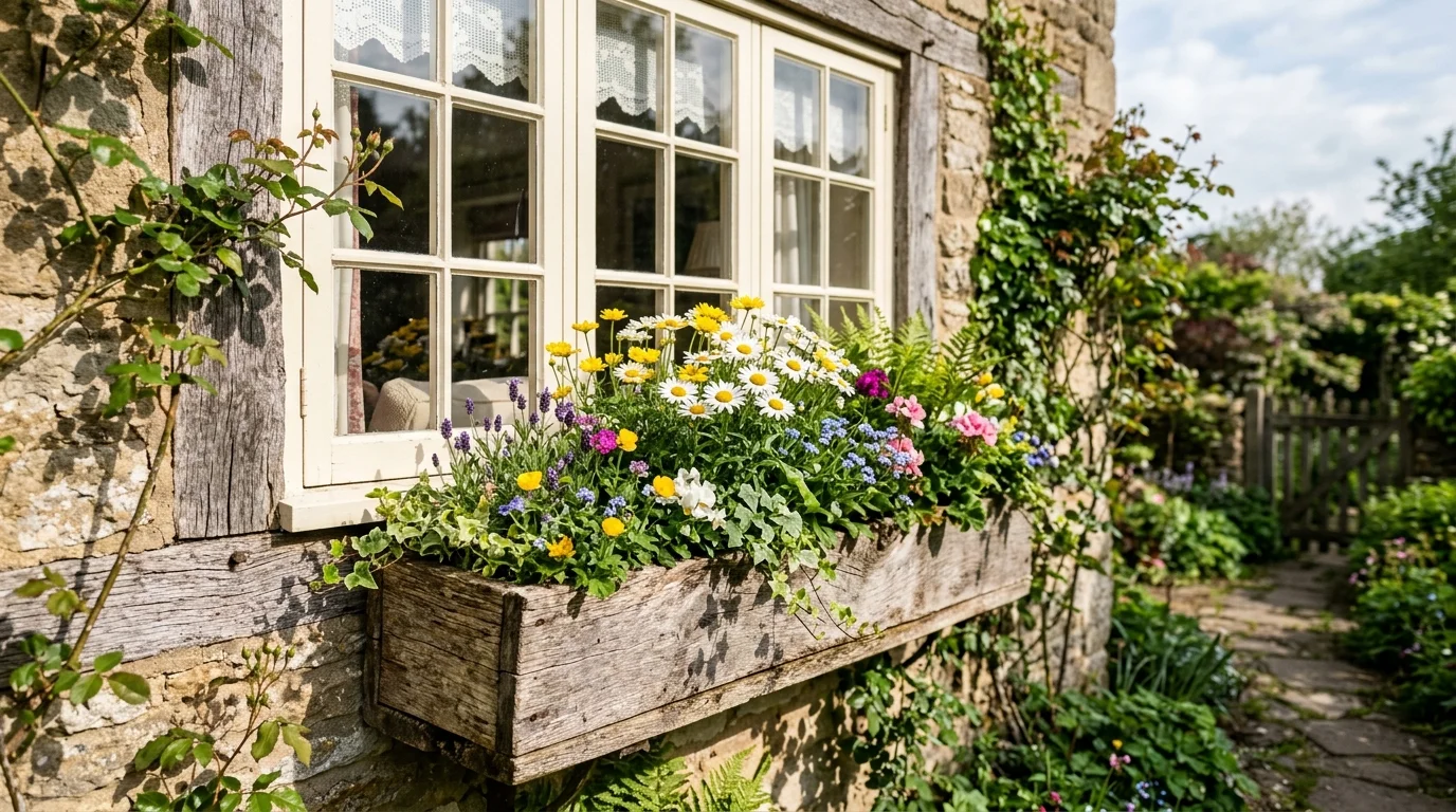 A rustic wooden window box with daisies creating a cheerful spring look.