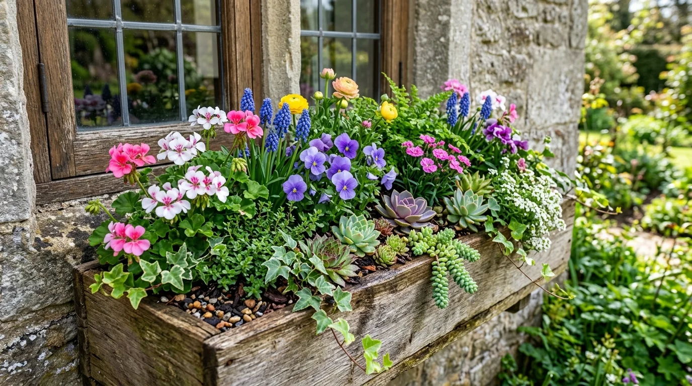 A succulent and spring flower combo window box with layered texture.