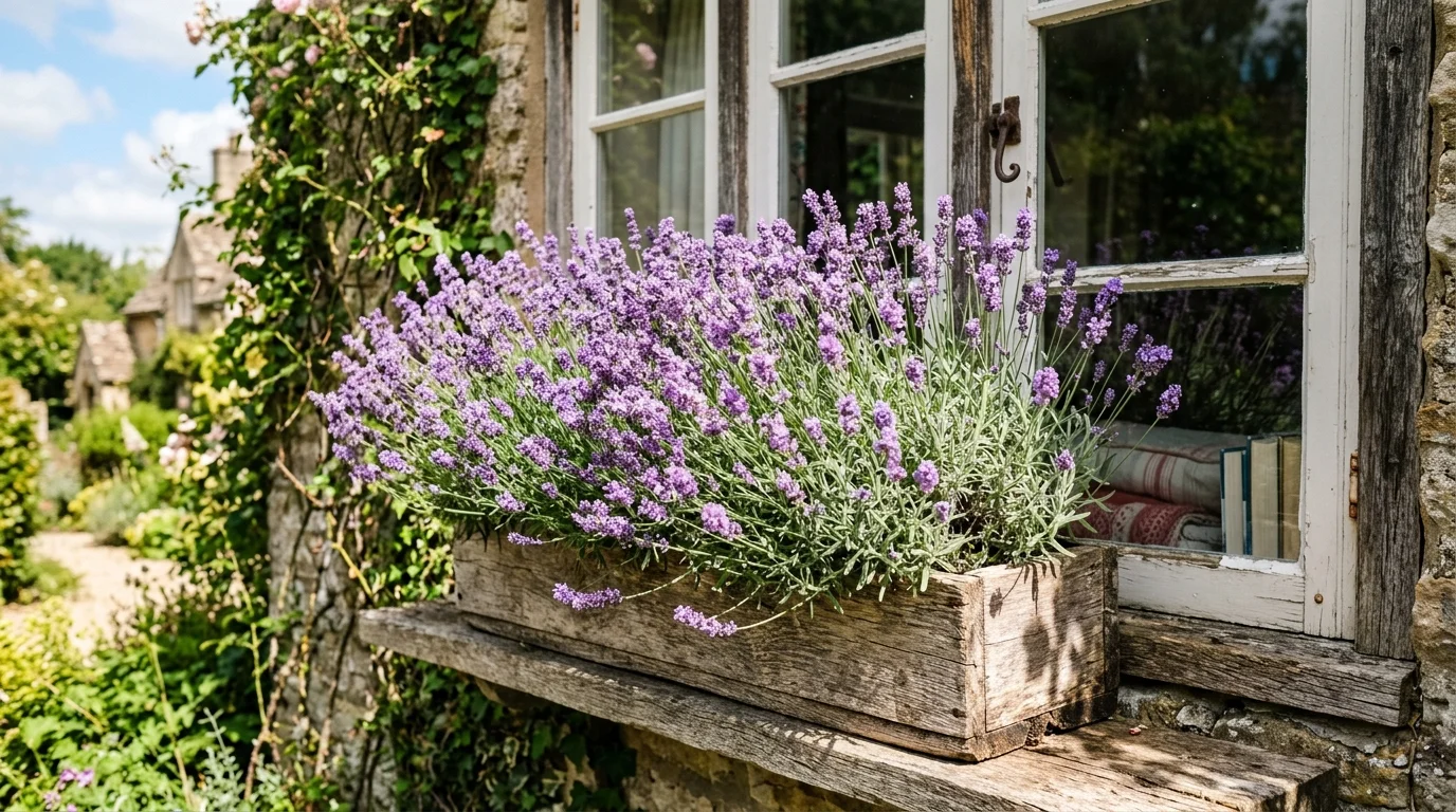 A fragrant lavender window box styled to feel full and soft in spring.
