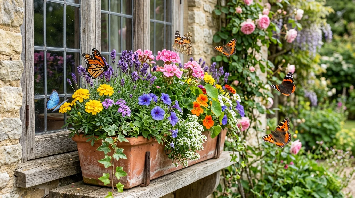 A butterfly-friendly window box planted for a lively spring display.