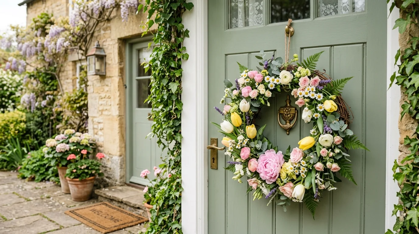 A classic floral spring wreath styled on a welcoming front door.