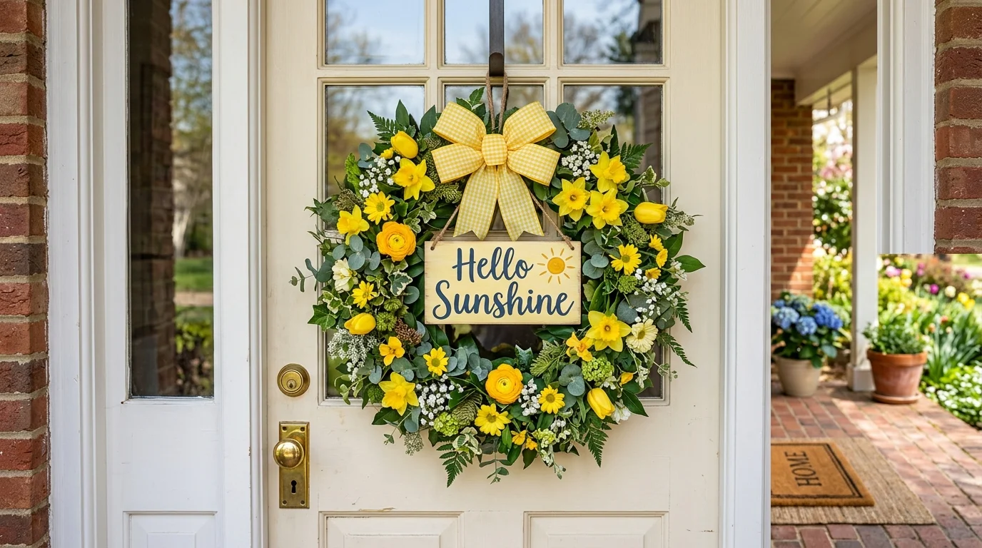 A personalized hello sunshine wreath styled as cheerful spring front door decor.