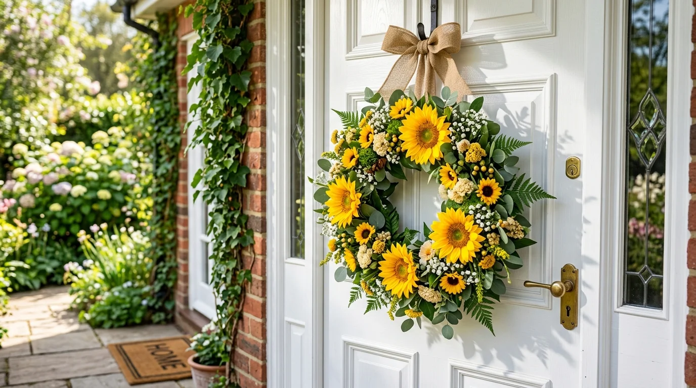 A sunflower spring wreath adding bold sunshine-inspired color to a front door.