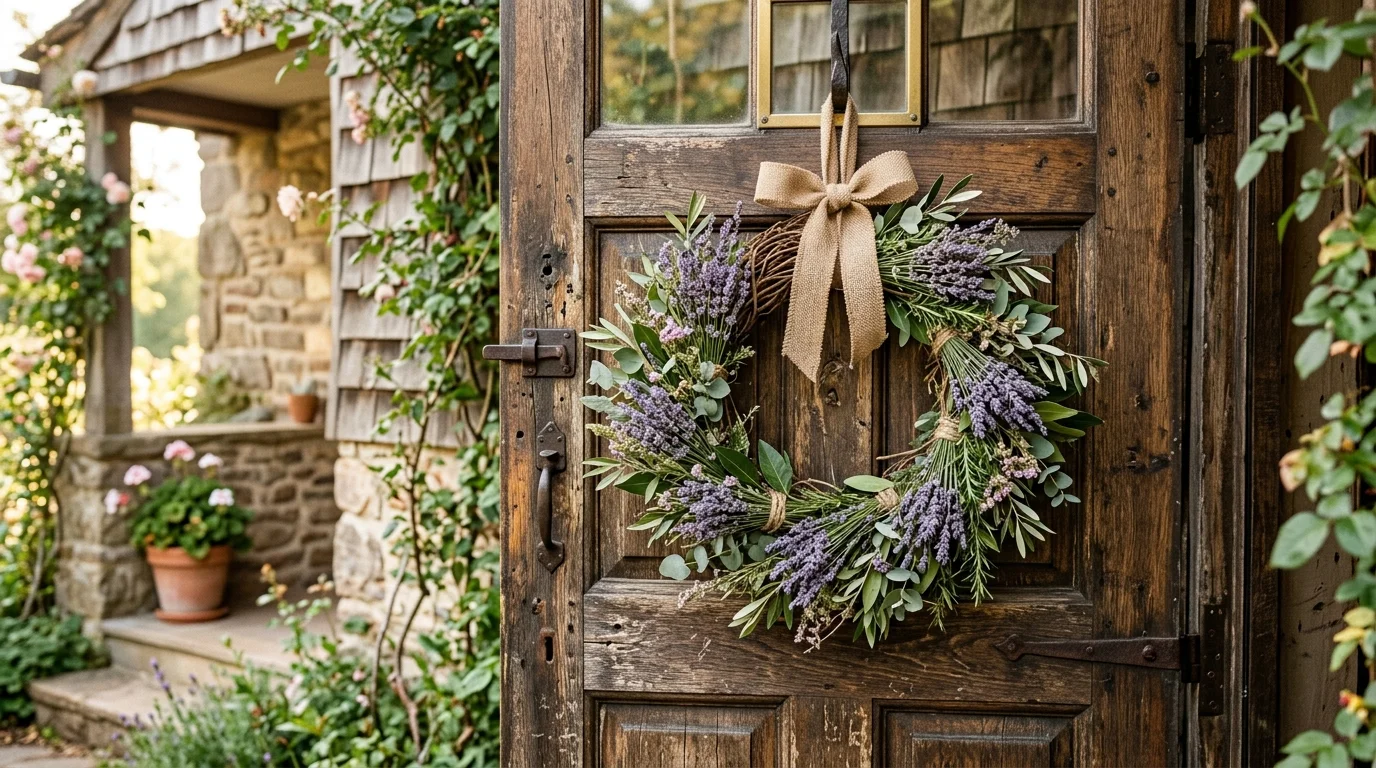 A lavender farmhouse wreath creating soft rustic charm on a spring front door.