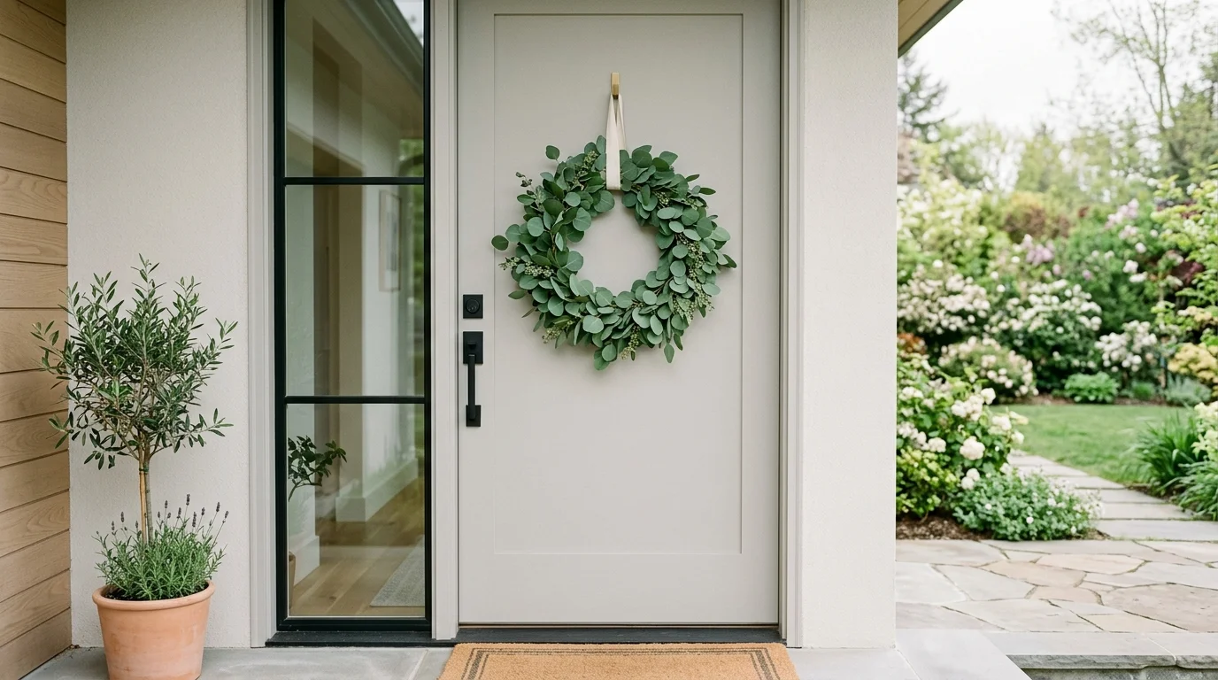 A minimalist greenery spring wreath giving a front door a clean modern look.