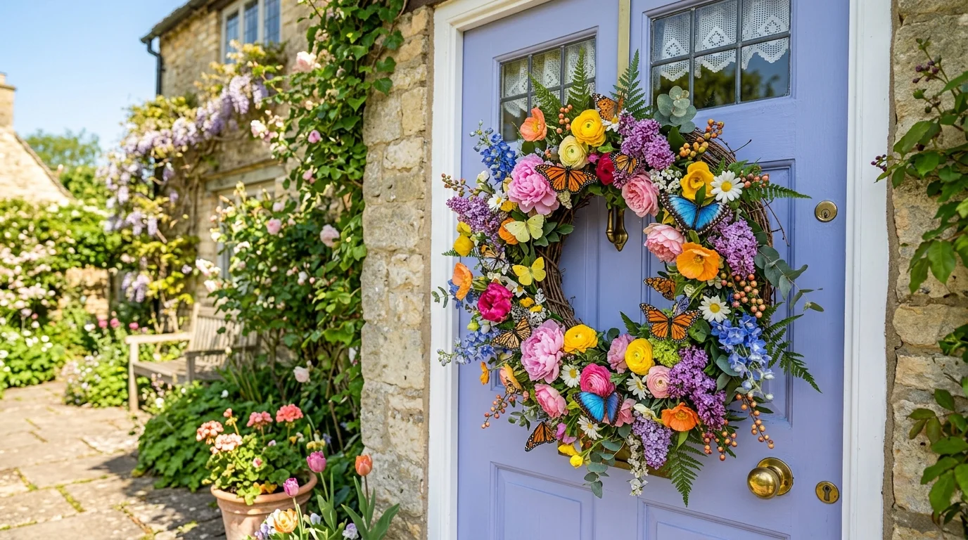 A butterfly garden wreath bringing playful spring detail to a front door.