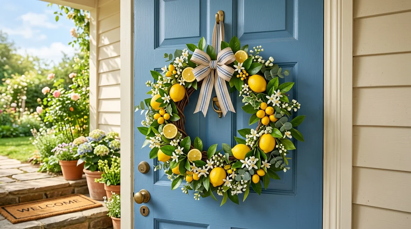 A lemon citrus spring wreath creating a bright fresh front door look.