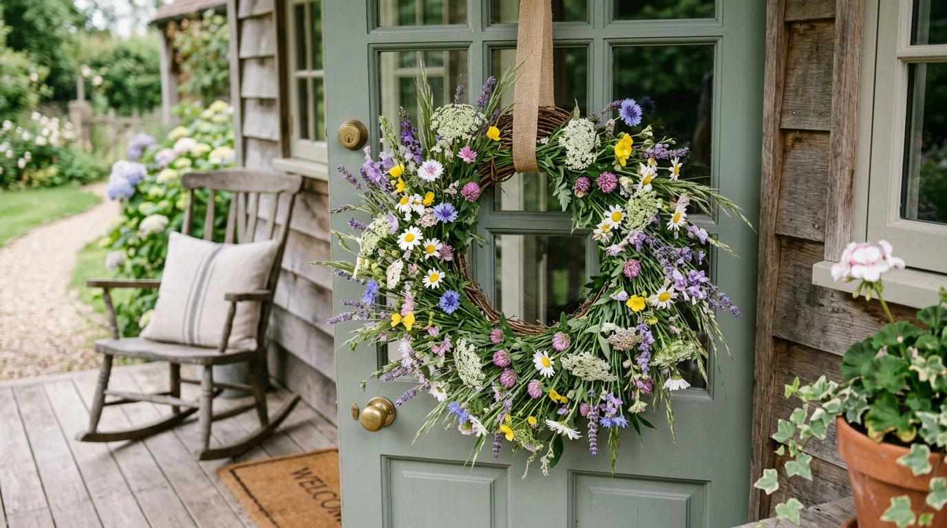 A wildflower meadow wreath adding soft natural spring texture to a front door.