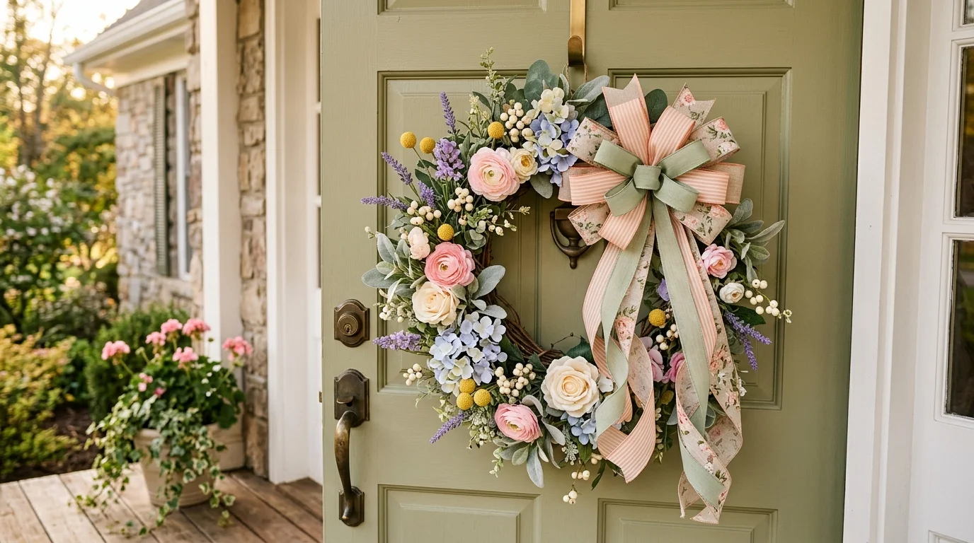 A ribbon and bow spring wreath adding decorative detail to a front door.