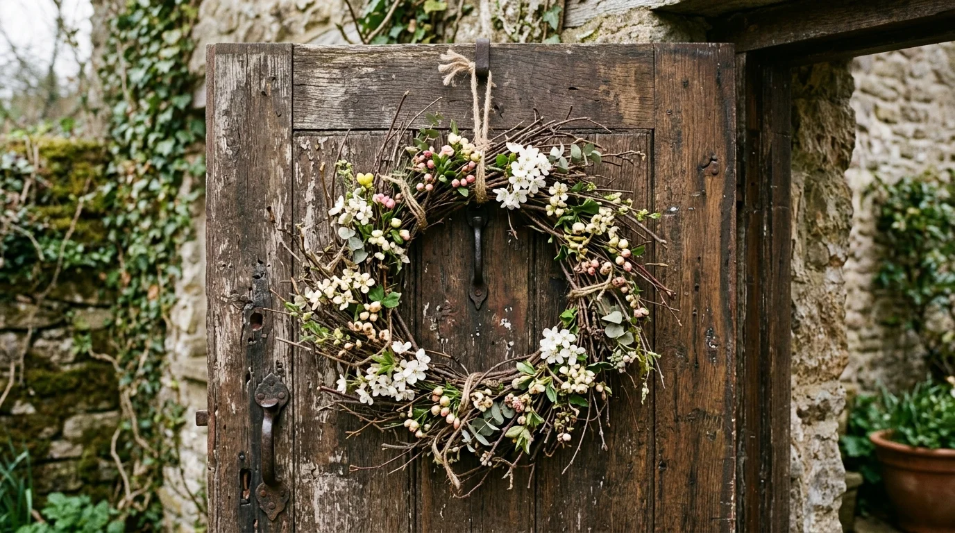 A rustic twig and blossom wreath creating a natural textured spring doorway.
