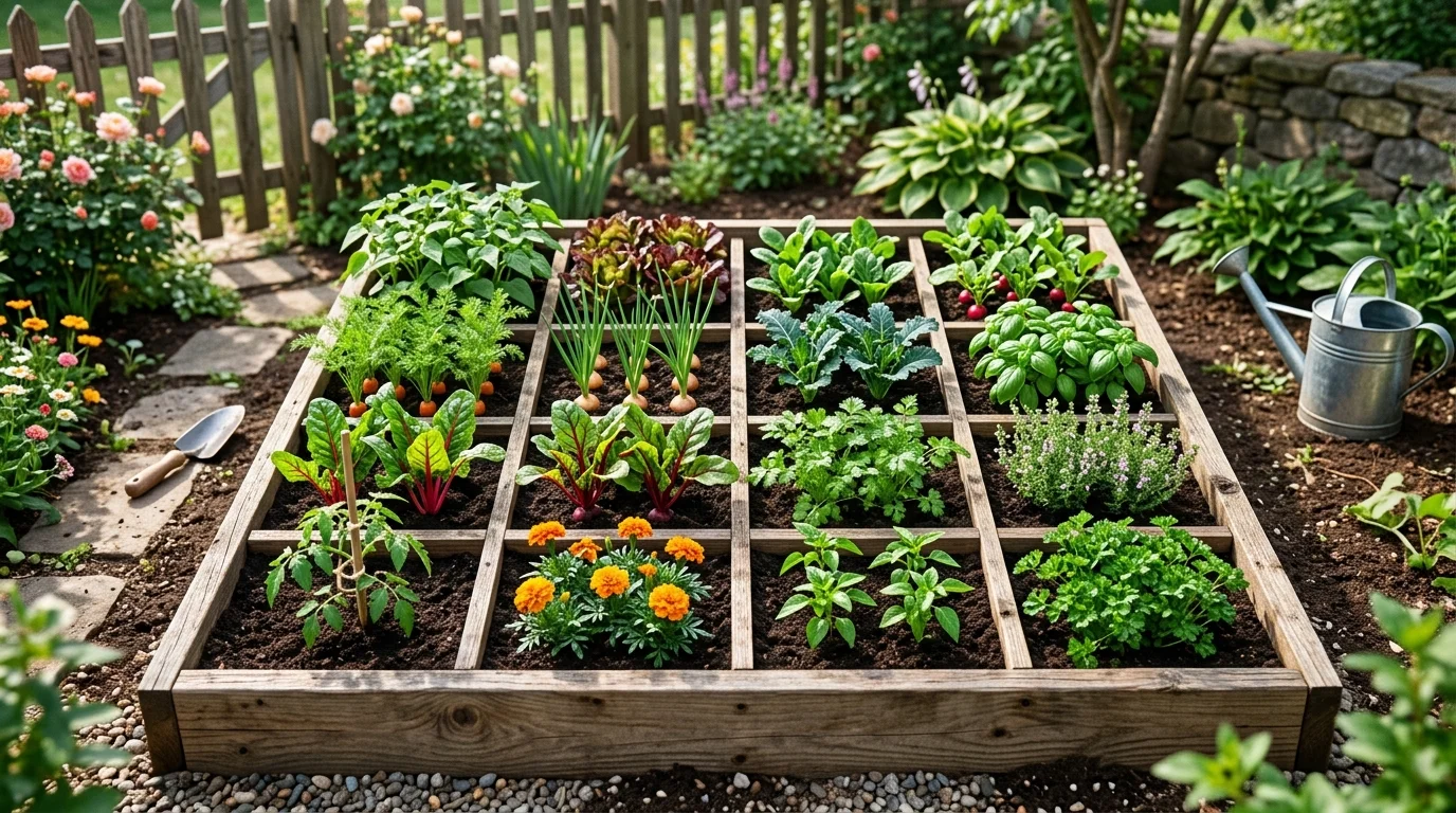 A raised bed laid out in a square foot gardening grid for efficient planting.