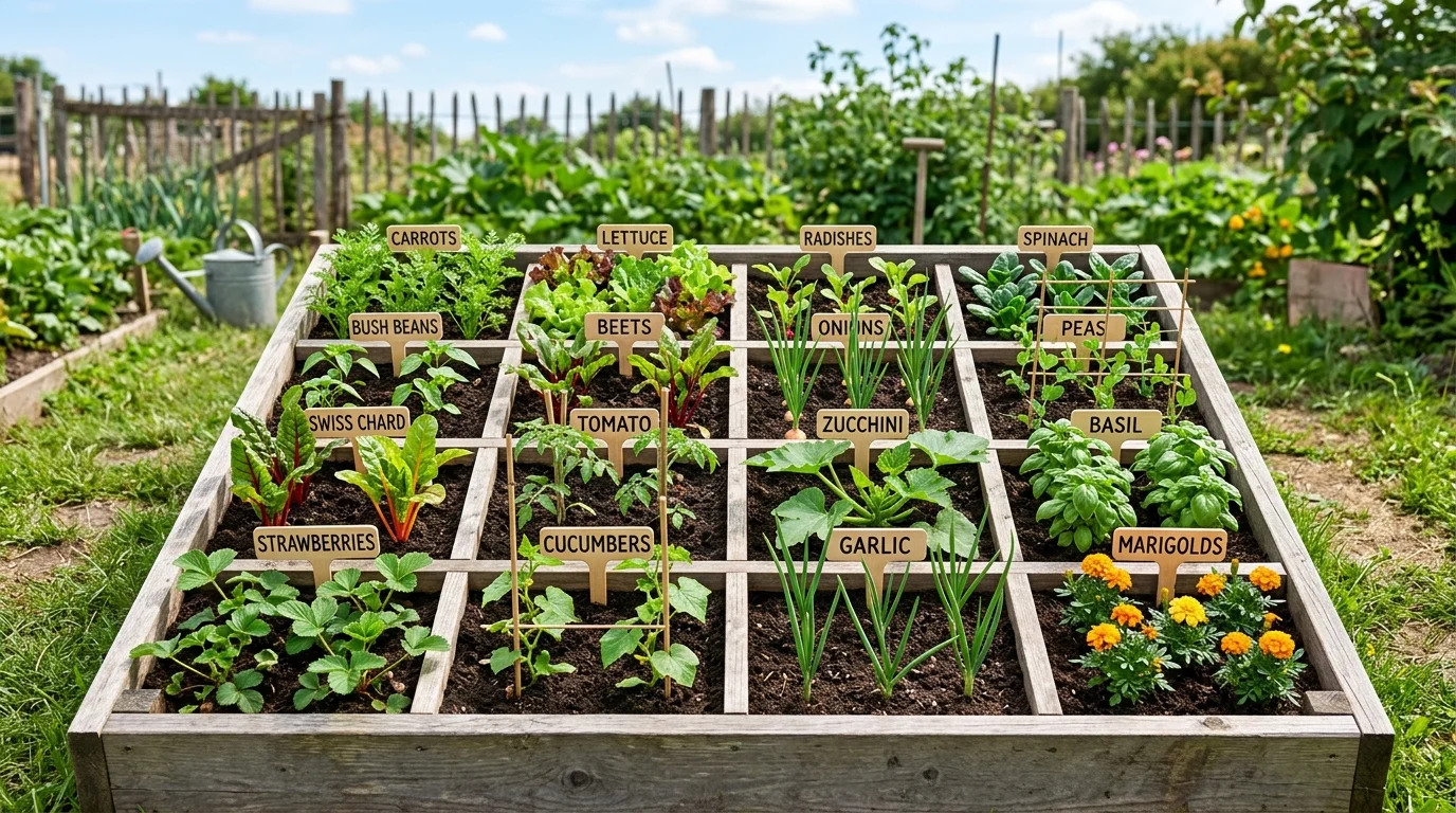 Labeling each square in a square foot garden for better organization.