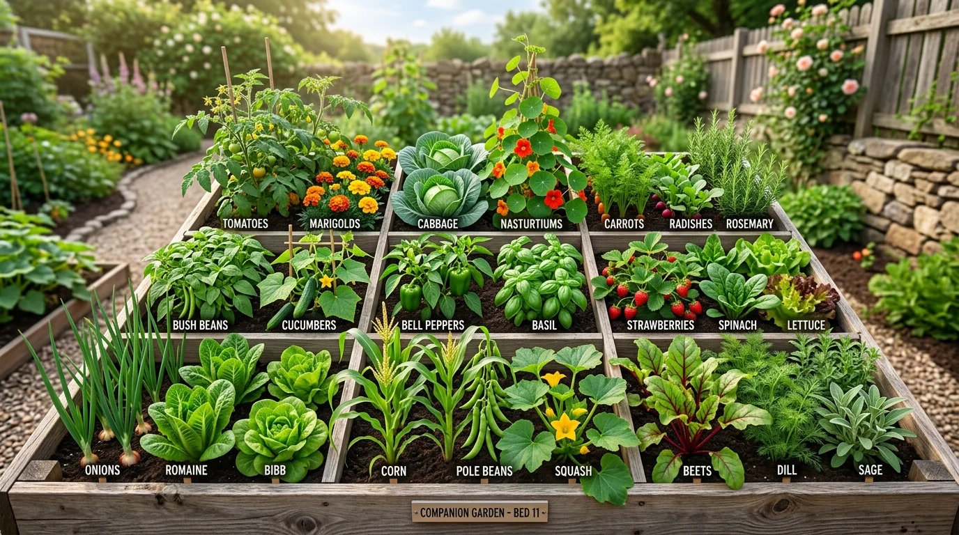 Companion planting arranged neatly within a square foot garden grid.