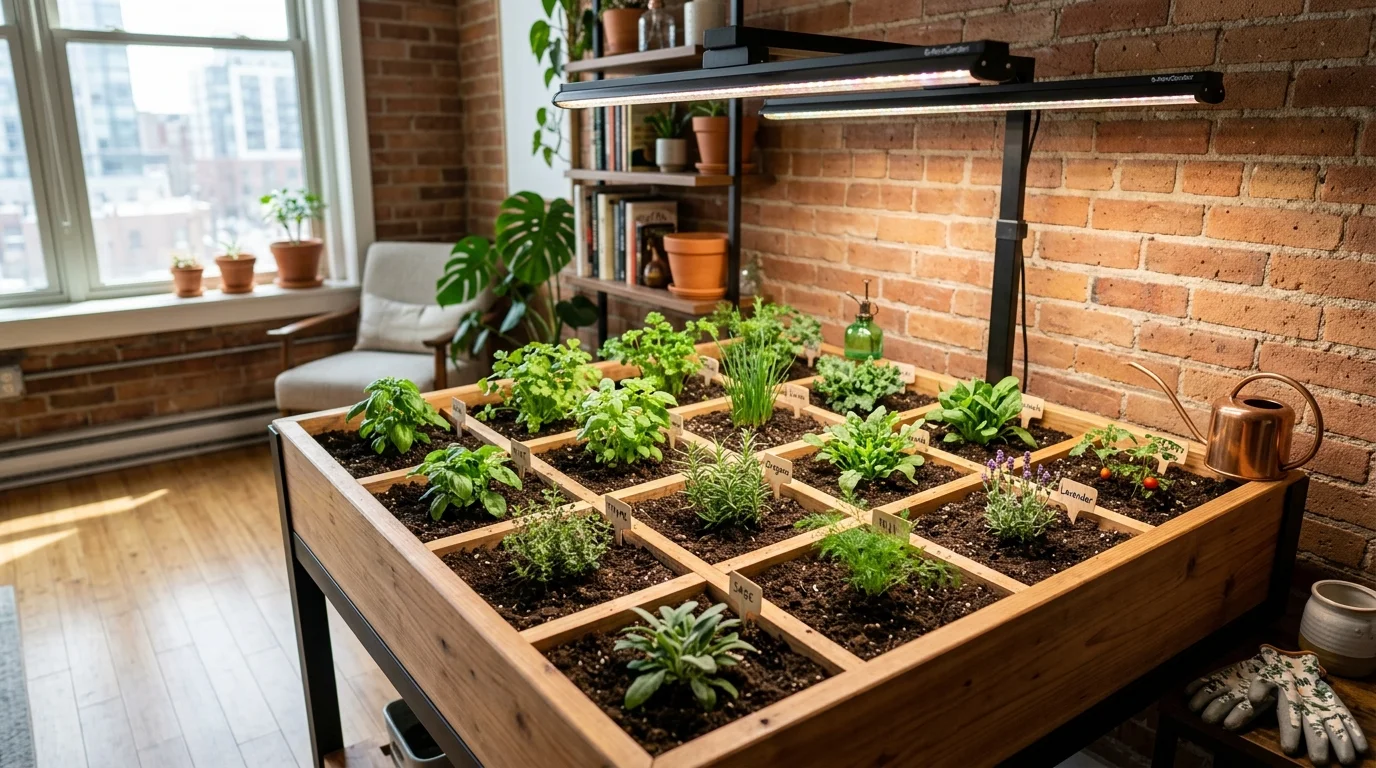 An indoor square foot gardening setup for herbs and compact edible crops.