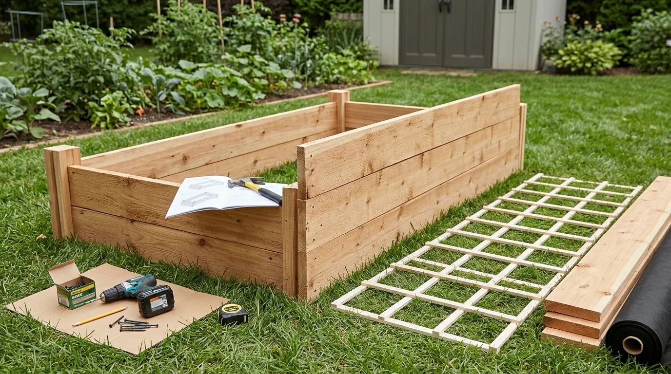 A beginner building a raised bed for a square foot gardening setup.