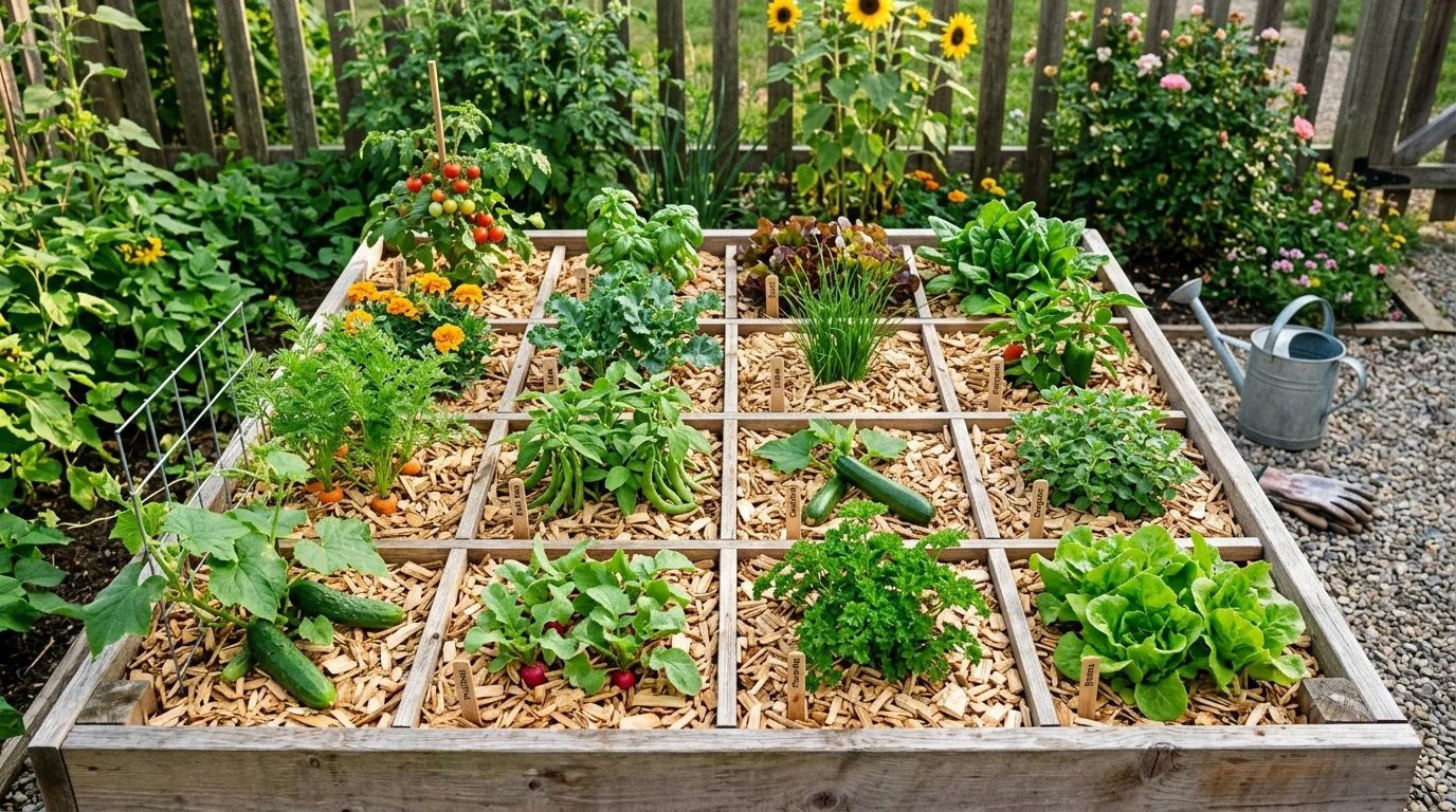 A mulched square foot garden helping hold moisture and keep the bed tidy.