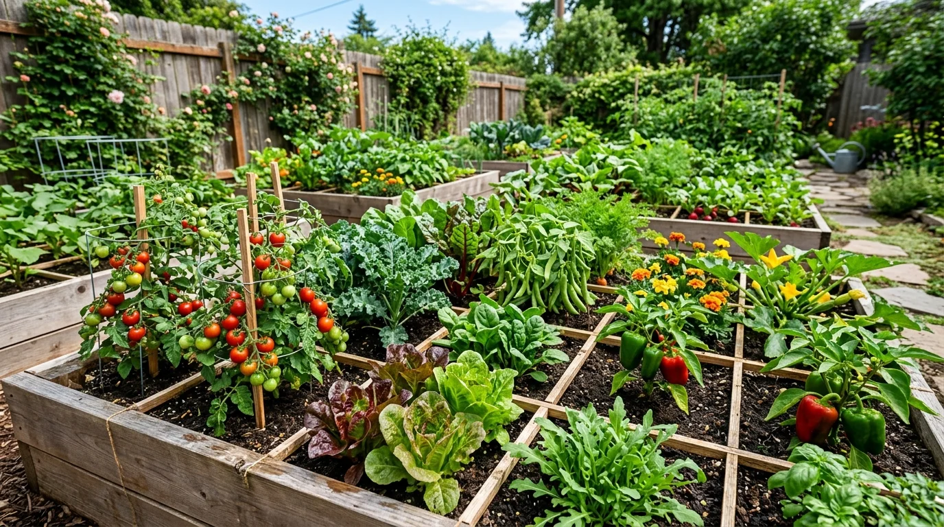 A fully grown square foot garden showing dense, organized planting.