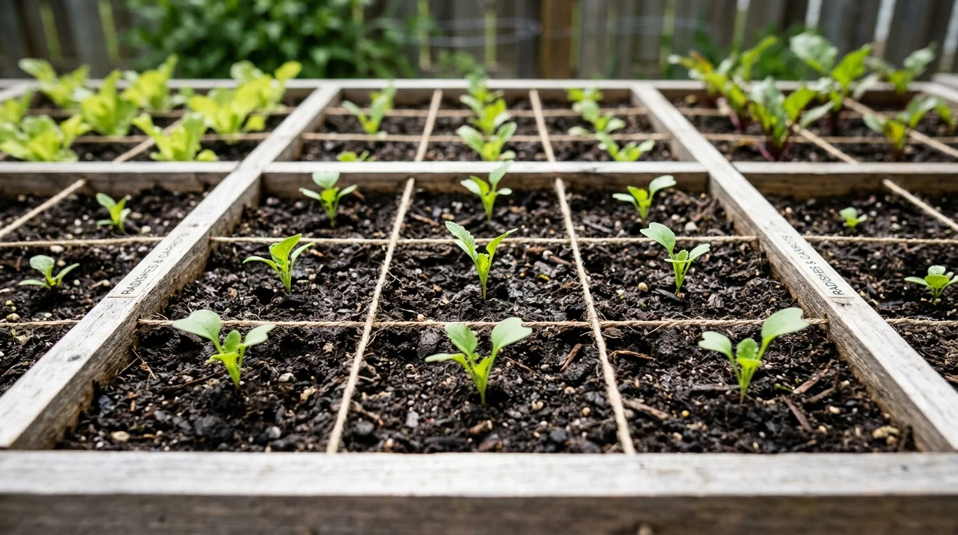 A close-up showing plant spacing in a square foot garden grid.