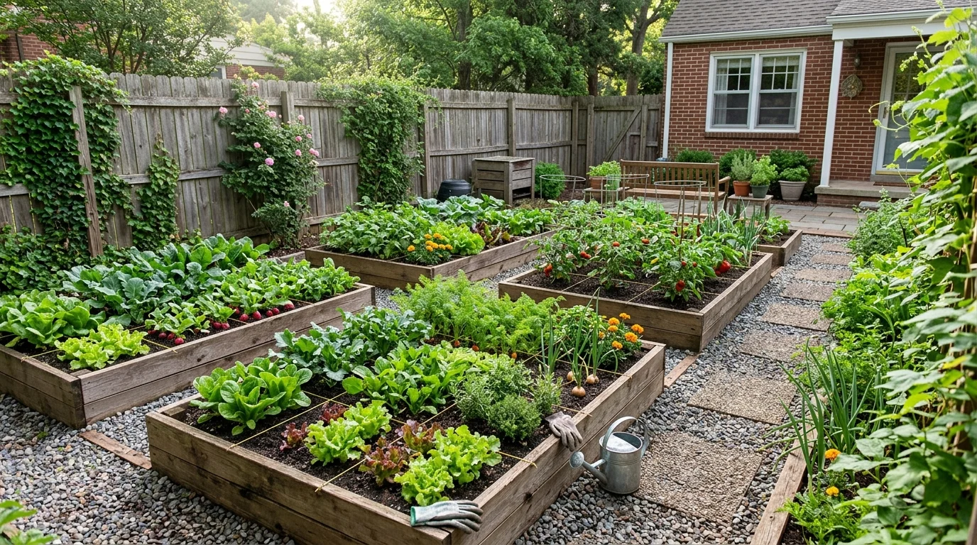 A small backyard square foot garden making efficient use of limited space.