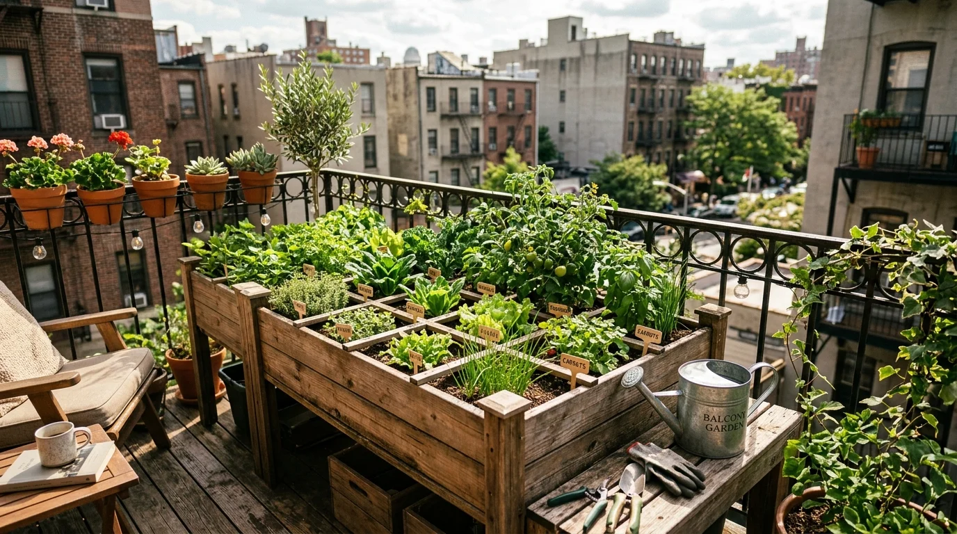 A balcony square foot garden adapted for compact urban growing.