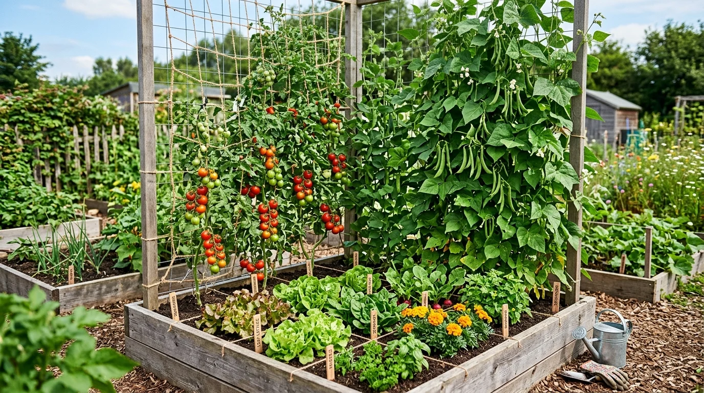 Vertical supports helping climbing plants make better use of a square foot garden.
