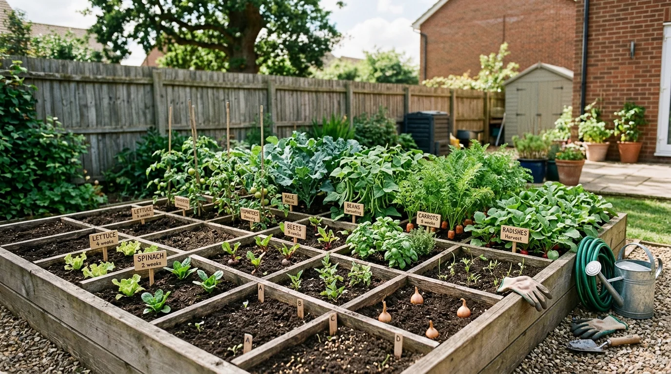 A square foot garden showing seasonal planting rotation for ongoing harvests.