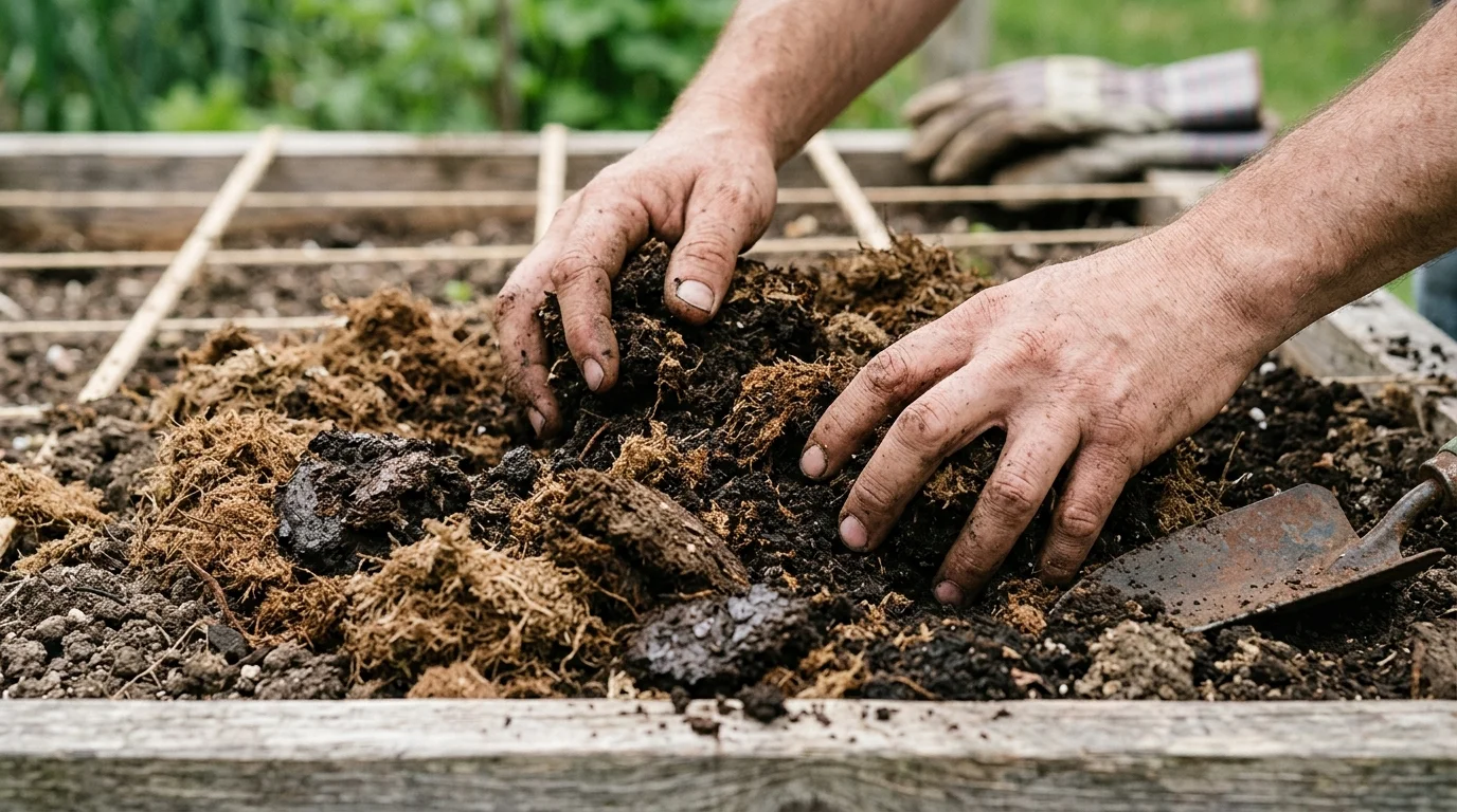 Preparing soil mix for a productive square foot gardening bed.