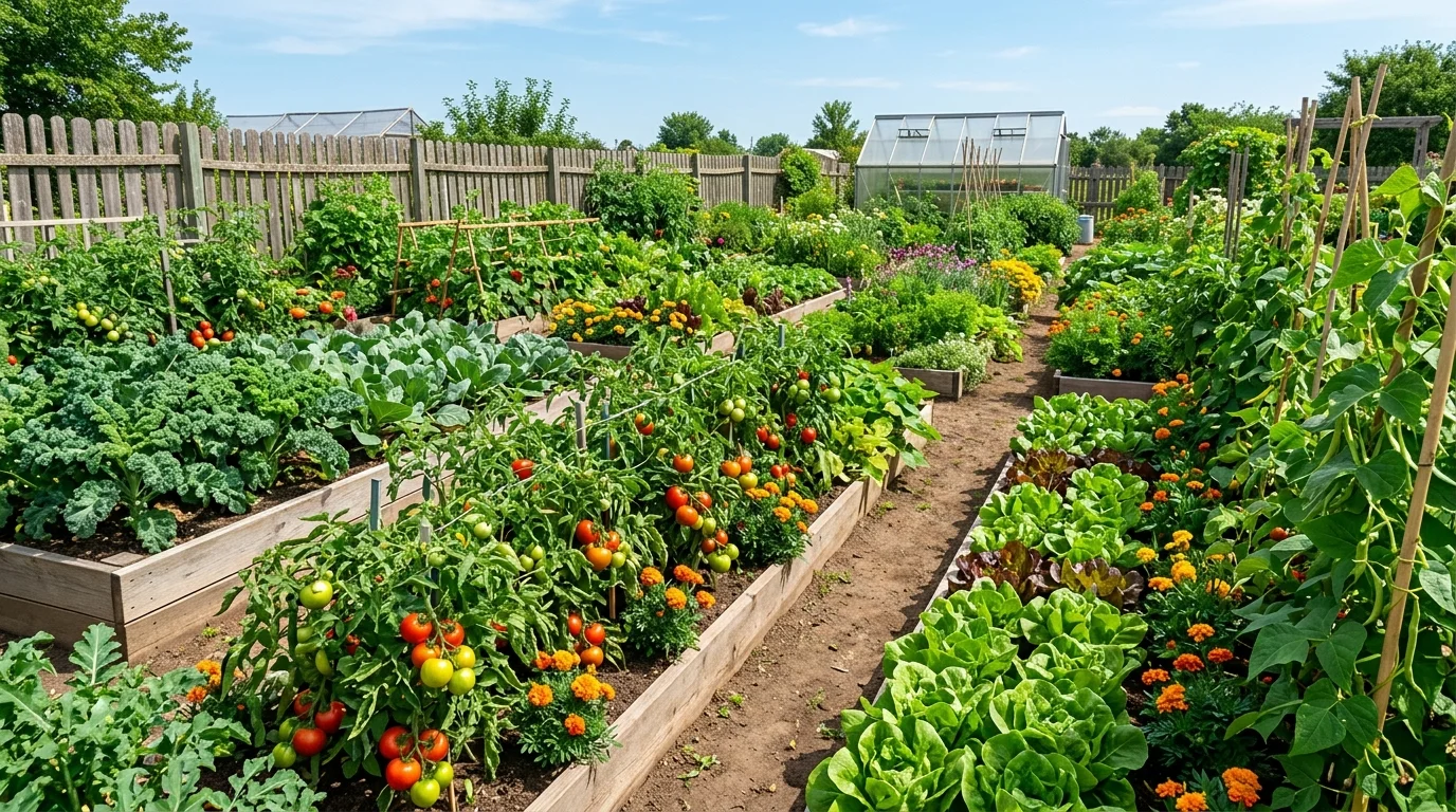 Harvesting fresh produce from a small square foot garden.