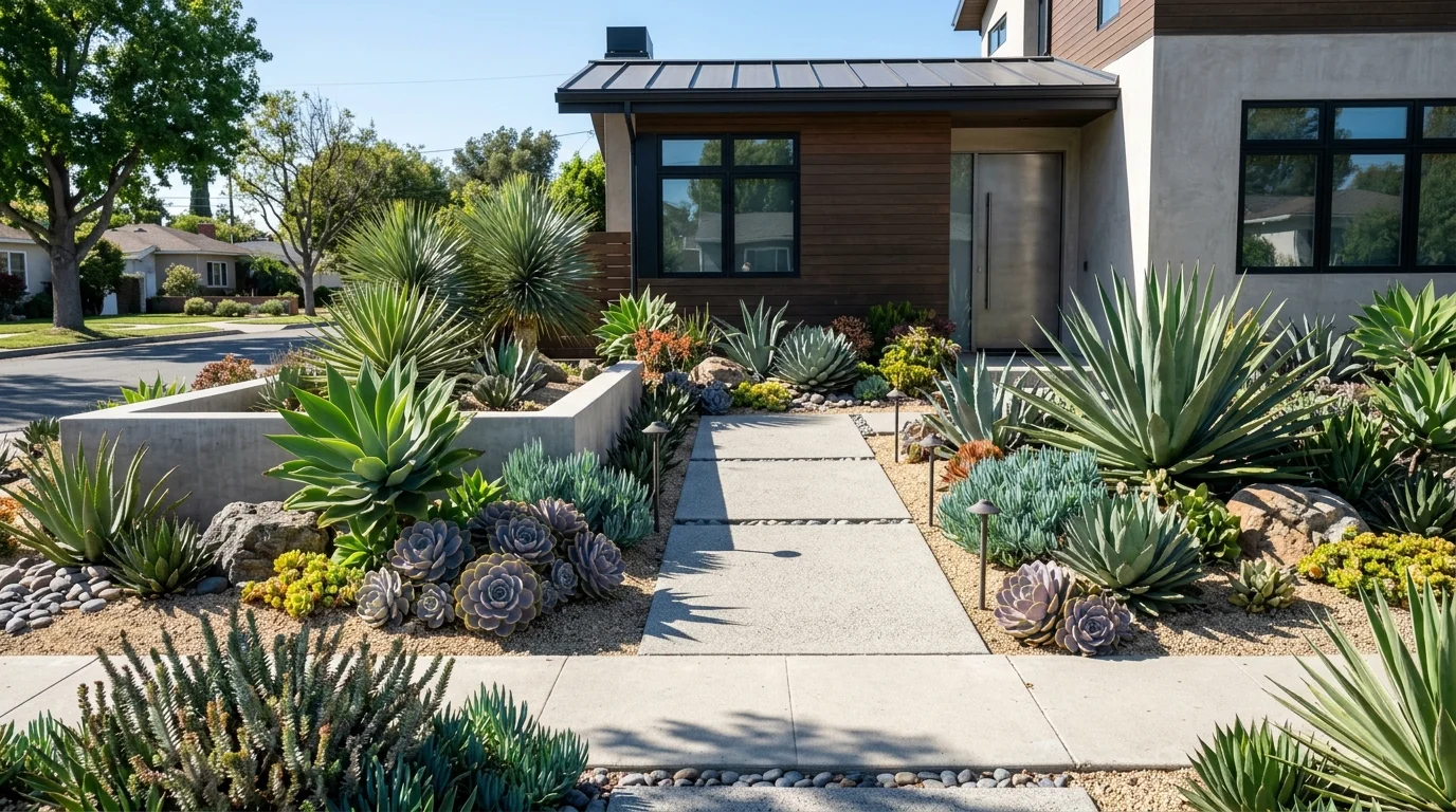A bold modern front yard designed with sculptural succulents.
