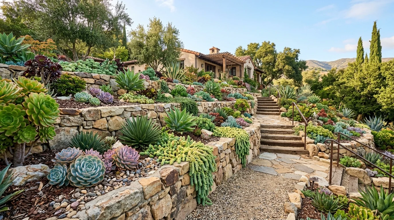 A terraced succulent landscape creating layered structure in the yard.
