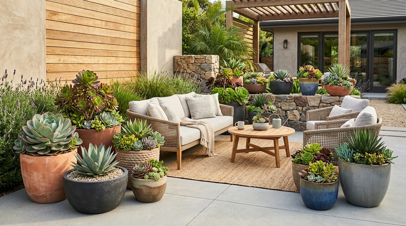 A feature area built from grouped succulent containers.
