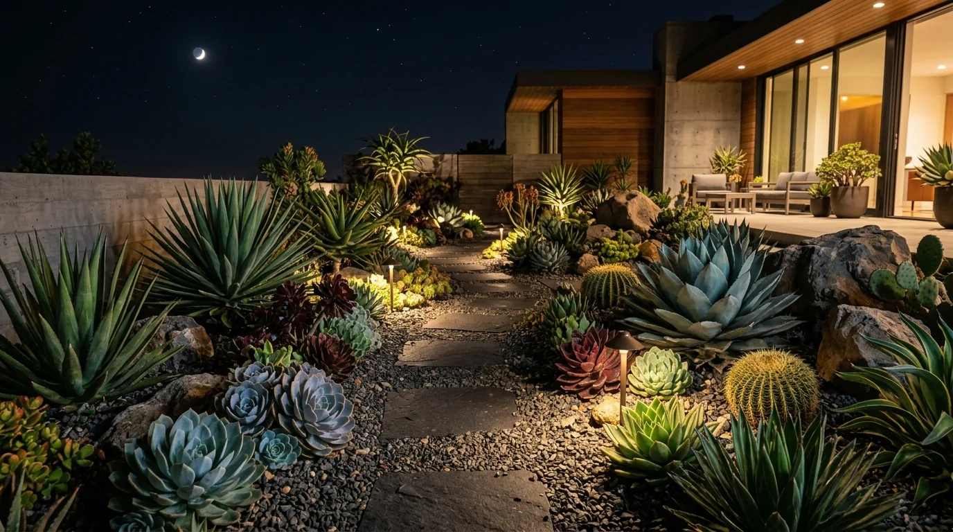 A dramatic night succulent garden enhanced with atmospheric lighting.