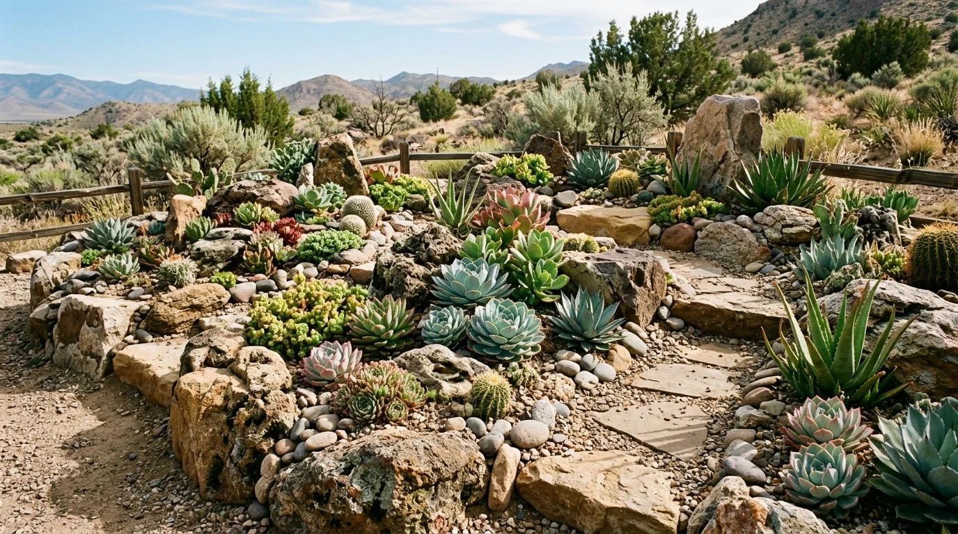 A succulent rock garden with layered stone and drought-friendly planting.