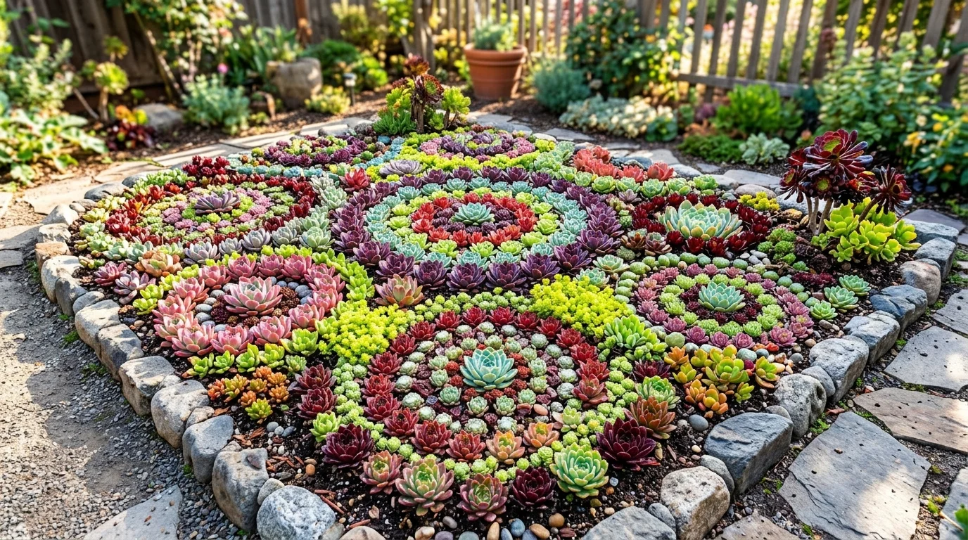 A colorful succulent mosaic bed creating a bold landscape pattern.