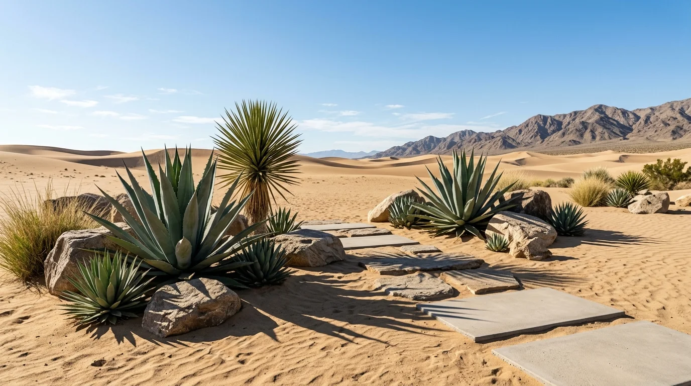 A desert-inspired minimalist succulent landscape with strong clean lines.