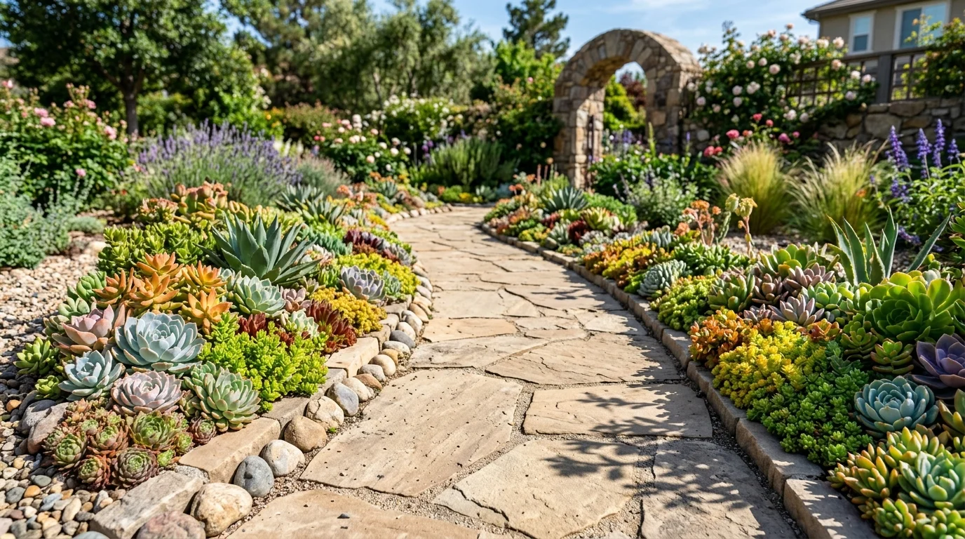 A succulent border neatly lining a garden pathway.