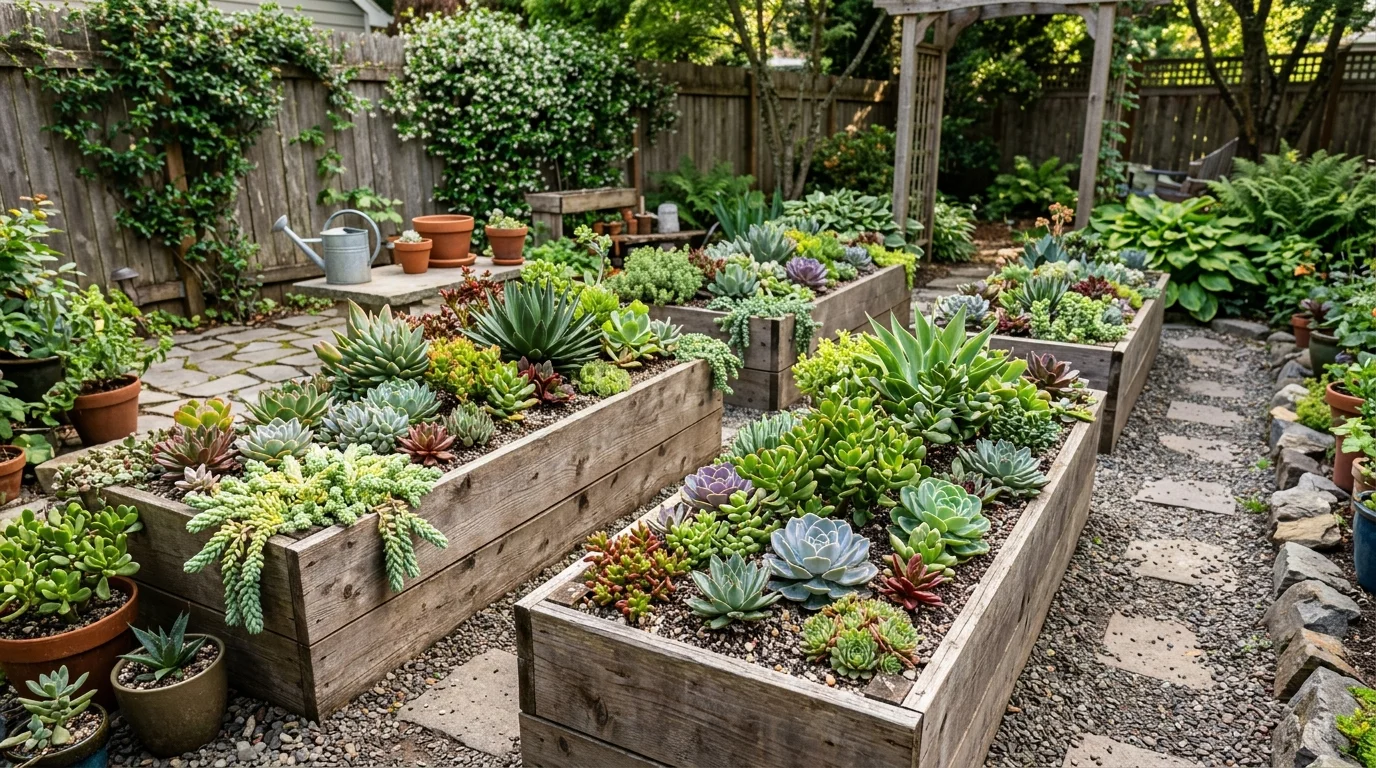 Raised succulent beds creating structure in a sunny yard.