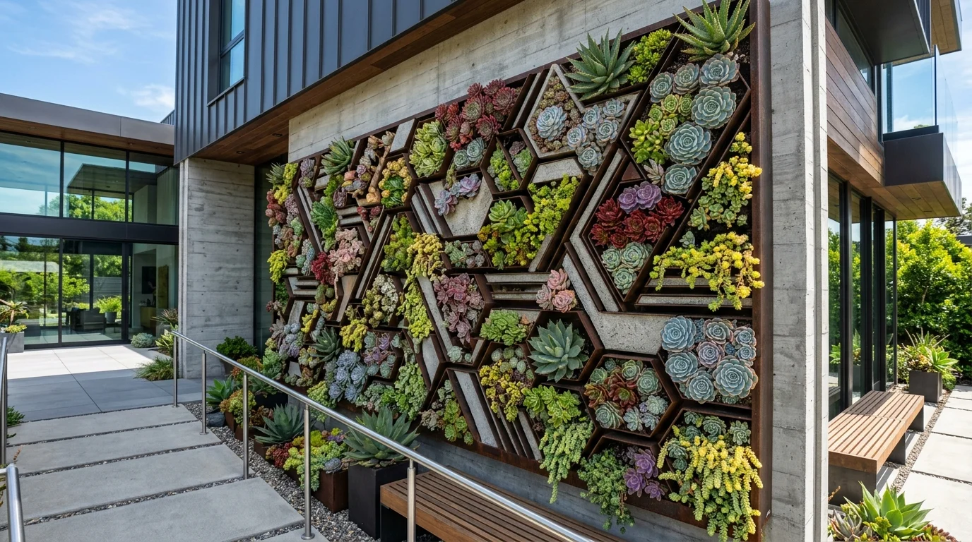 A dramatic succulent wall feature adding vertical interest to the yard.