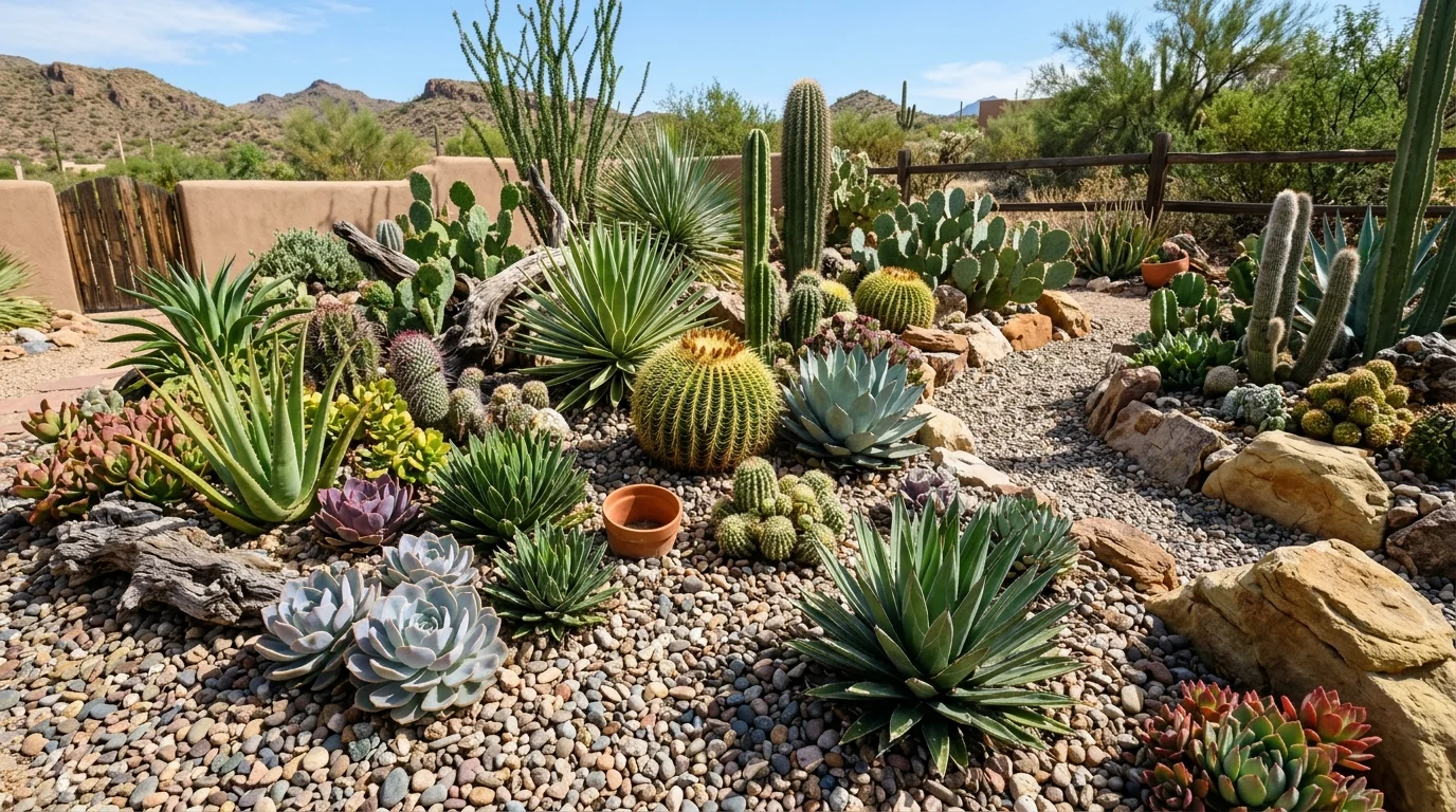 A mixed succulent and cactus garden designed for strong visual impact.