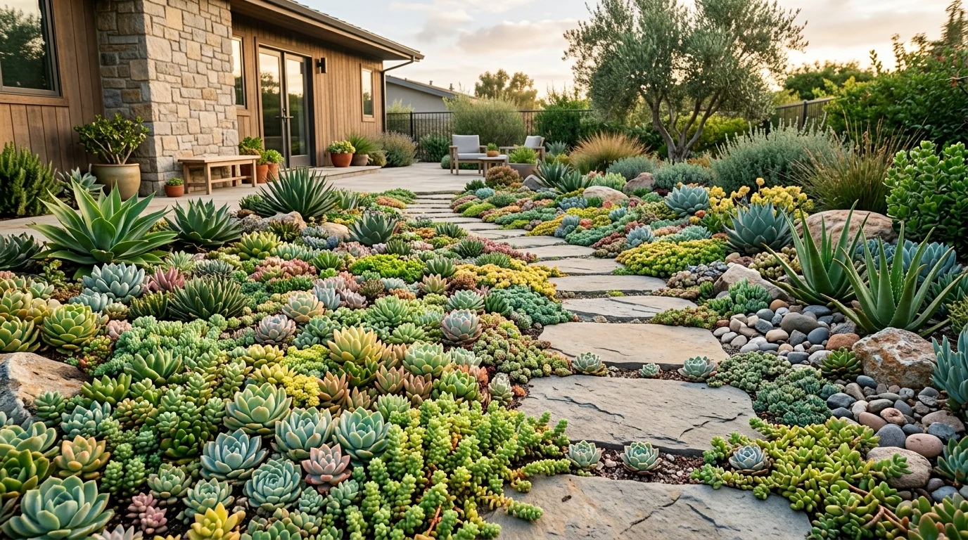 A succulent ground cover design creating texture across a sunny yard.