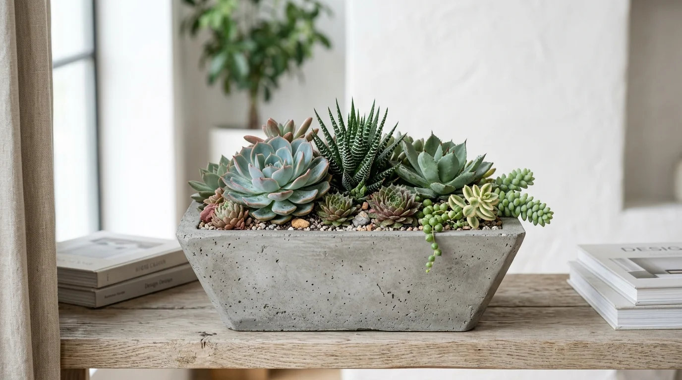A modern concrete succulent planter arranged with sculptural rosette succulents.
